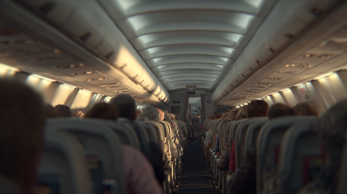 Passengers seated in airplane cabin interior view.