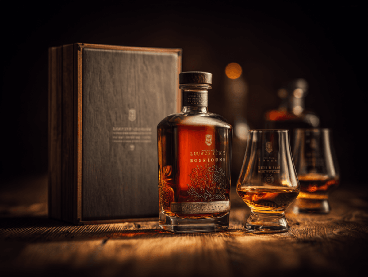Luxurious whiskey bottle and glass on wooden table.