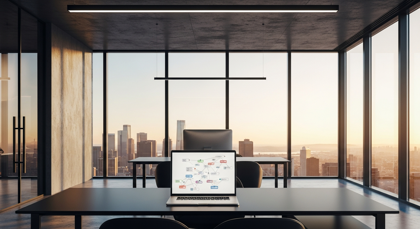 Premium office workspace with data visualization showing link connections and SEO strategy