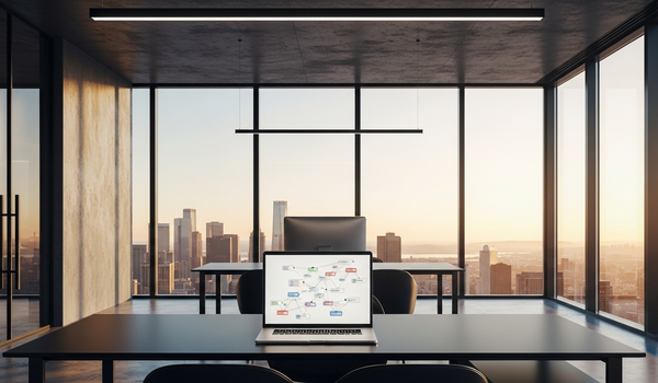 Premium office workspace with data visualization showing link connections and SEO strategy