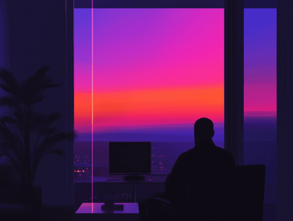 Silhouette viewing vibrant sunset through window