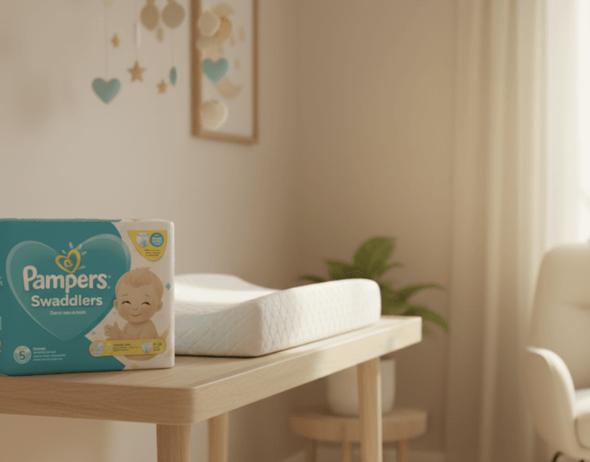 Pampers diapers on nursery changing table