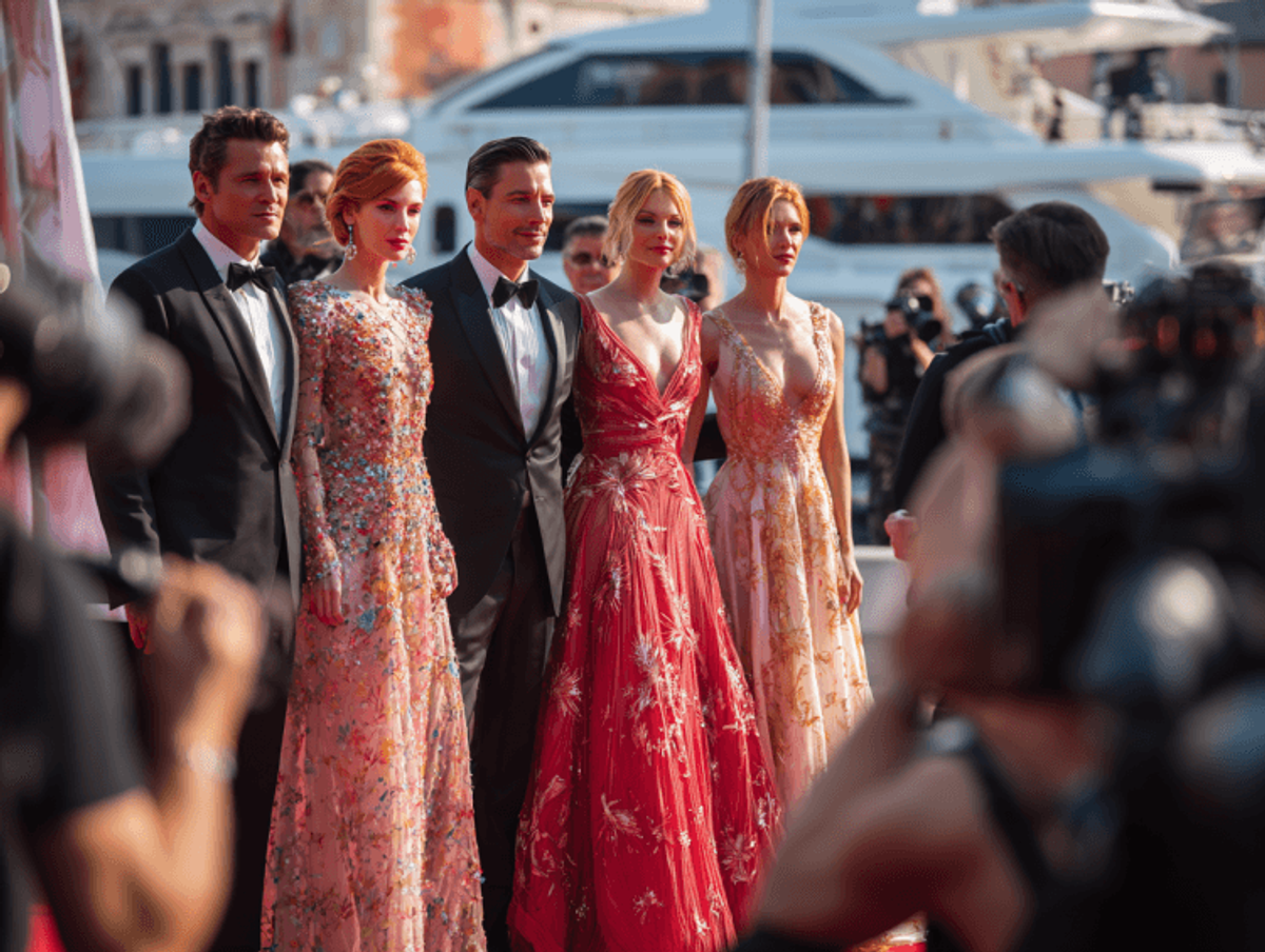 Elegant group on red carpet with photographers.