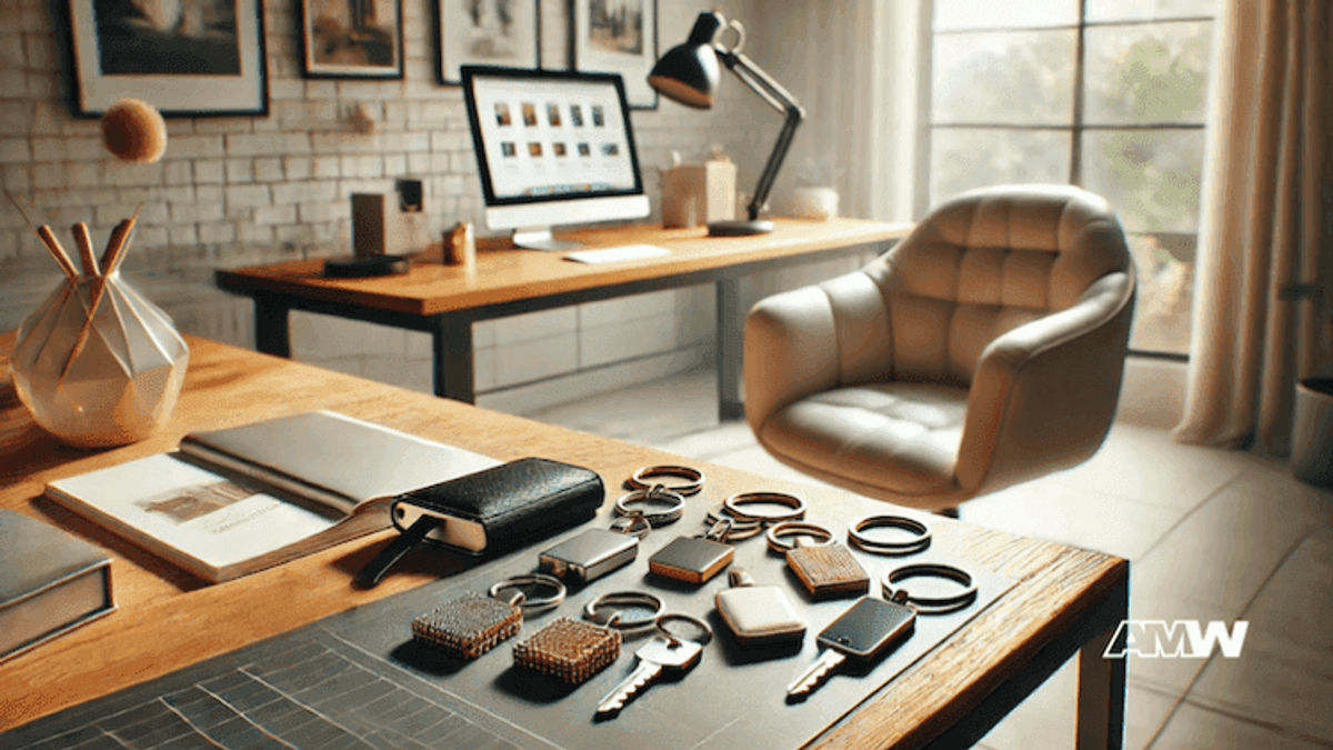 Modern office desk with keychains and accessories.