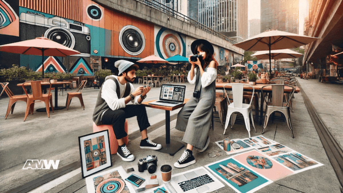 Outdoor cafe, people photographing, artwork displayed.