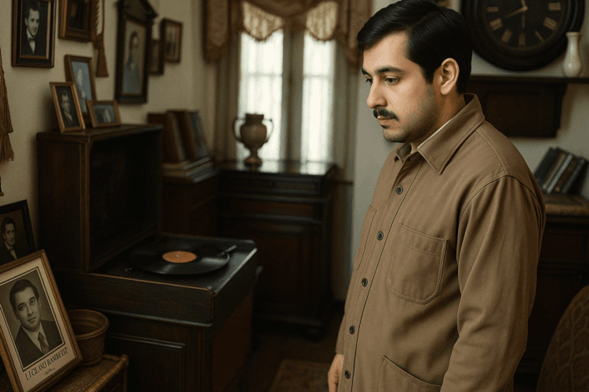 Man in vintage room with record player