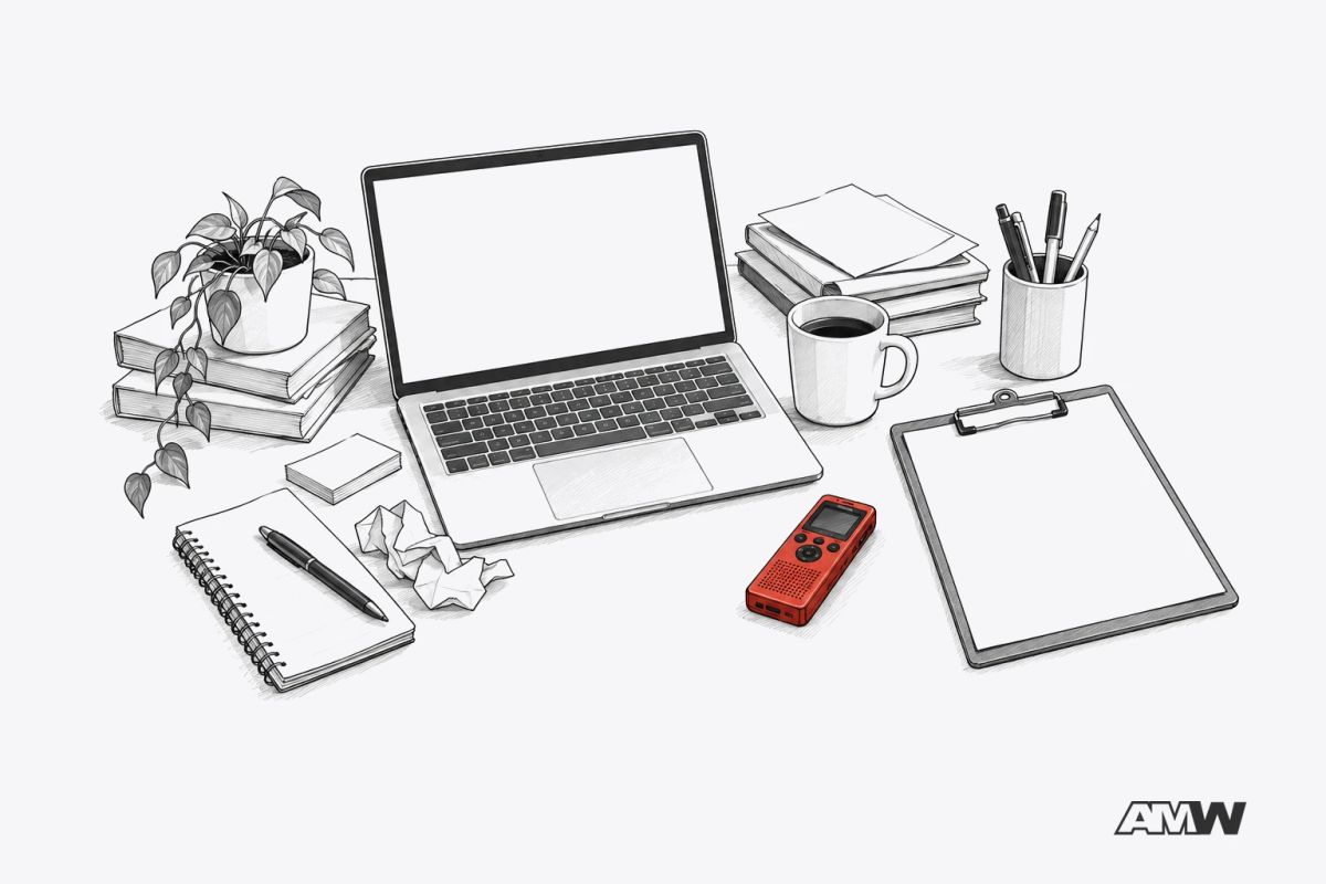 Pencil drawing of a reporter's desk with a voice recorder beside a laptop
