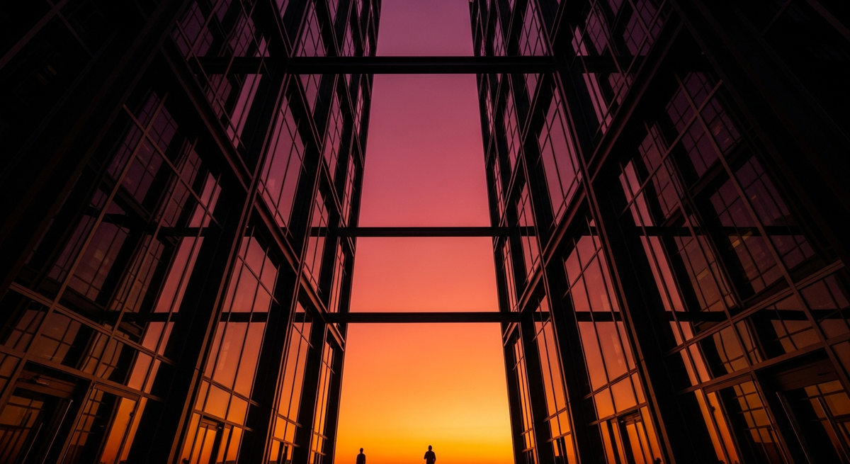Modern glass skyscraper reflecting vivid sunset sky with bold geometric lines