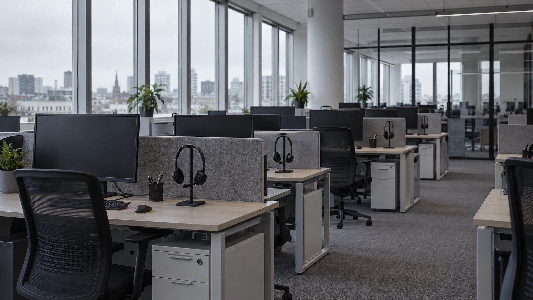 Customer service floor before the shift with headsets on stands