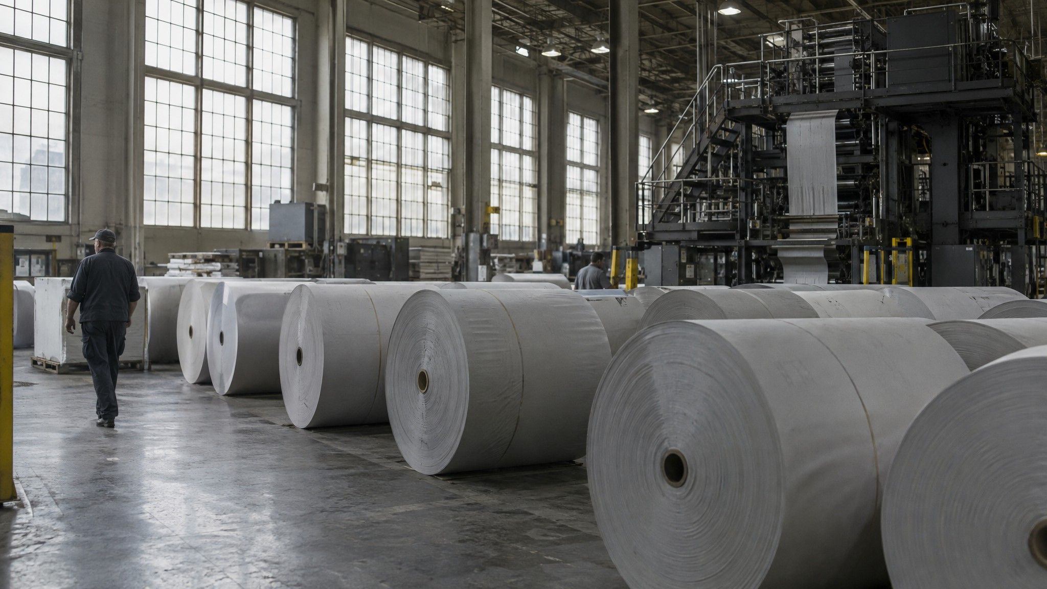 Rolls of newsprint lined up in a quiet printing hall