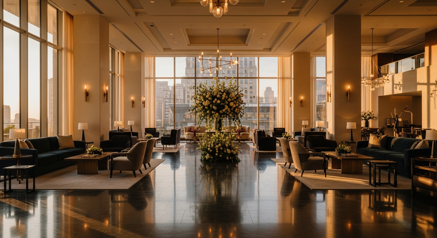 Luxury hotel lobby at golden hour representing the global hospitality marketing industry
