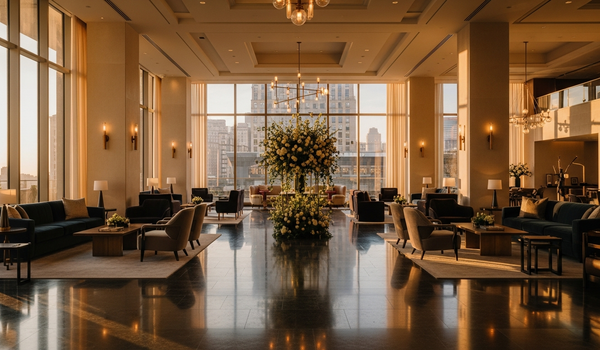 Luxury hotel lobby at golden hour representing the global hospitality marketing industry