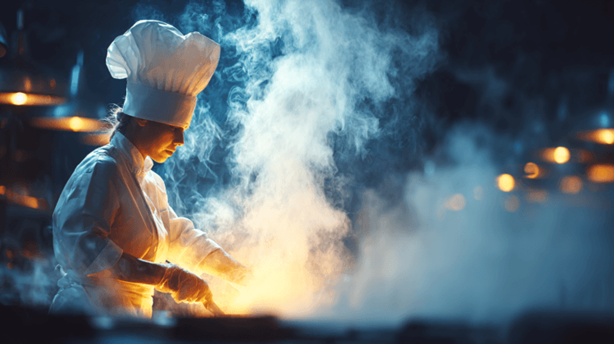 Chef cooking with flames and steam in kitchen.