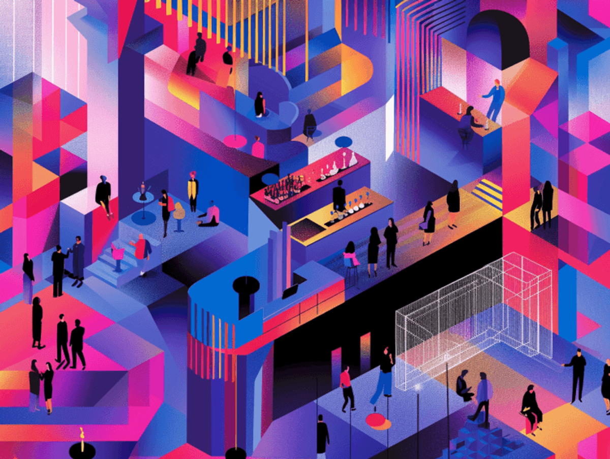 Vibrant abstract art of people in a colorful space.