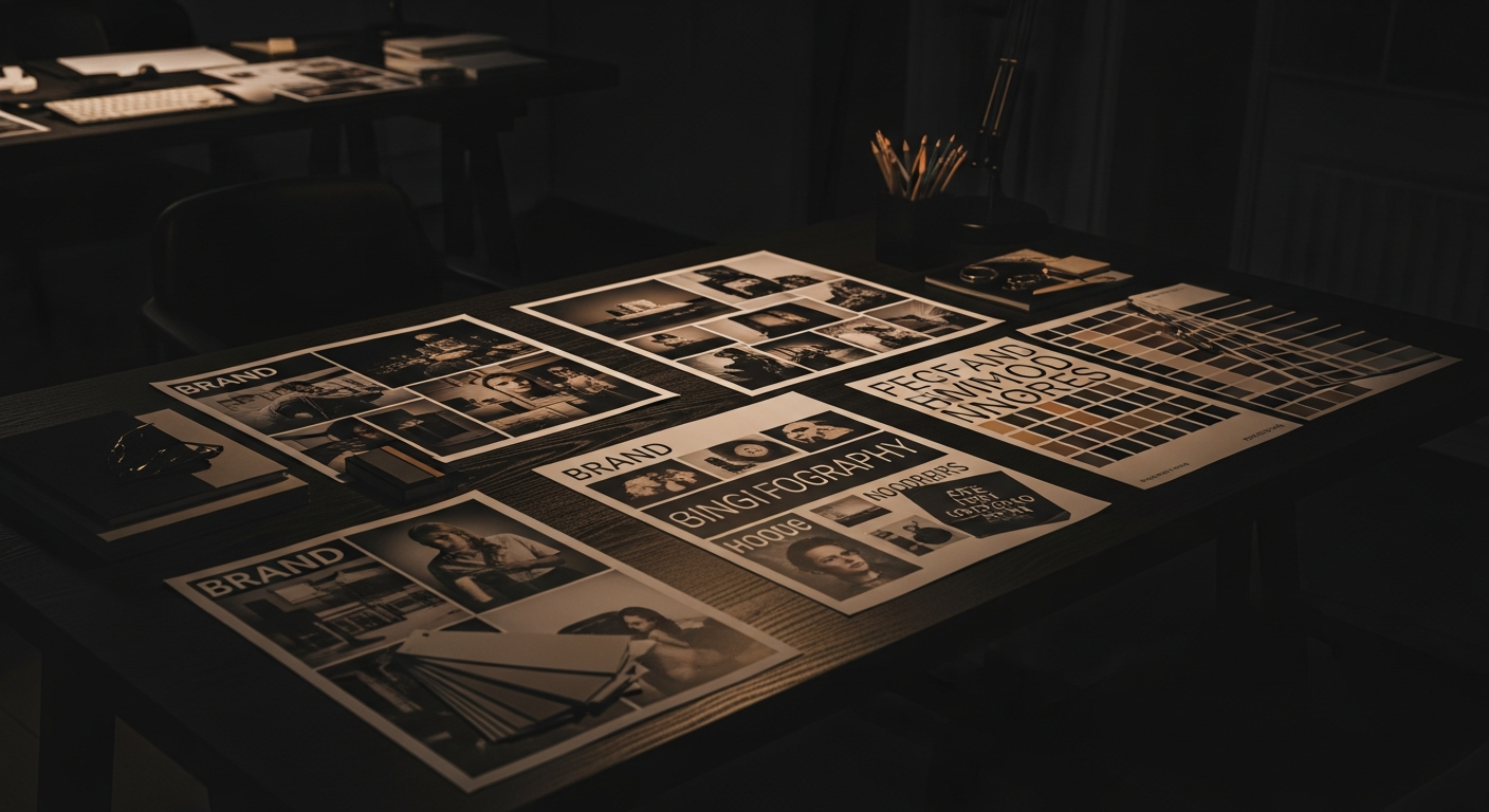 Creative brand design workspace with mood boards and typography samples