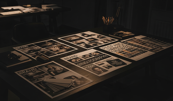 Creative brand design workspace with mood boards and typography samples