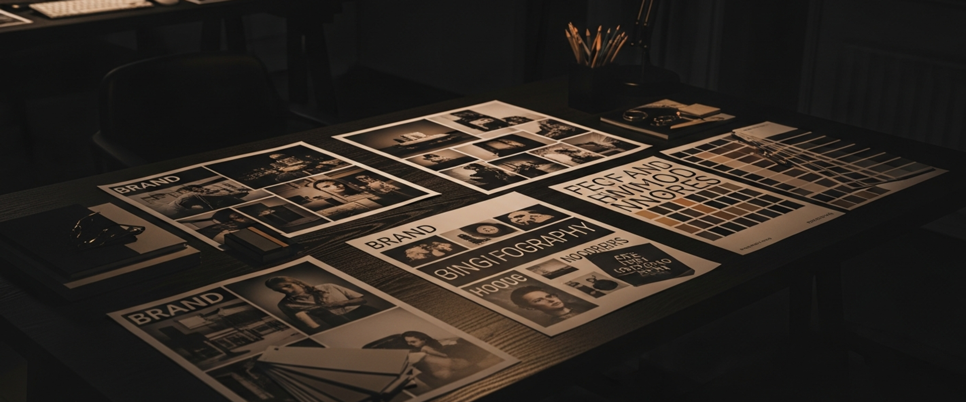 Creative brand design workspace with mood boards and typography samples