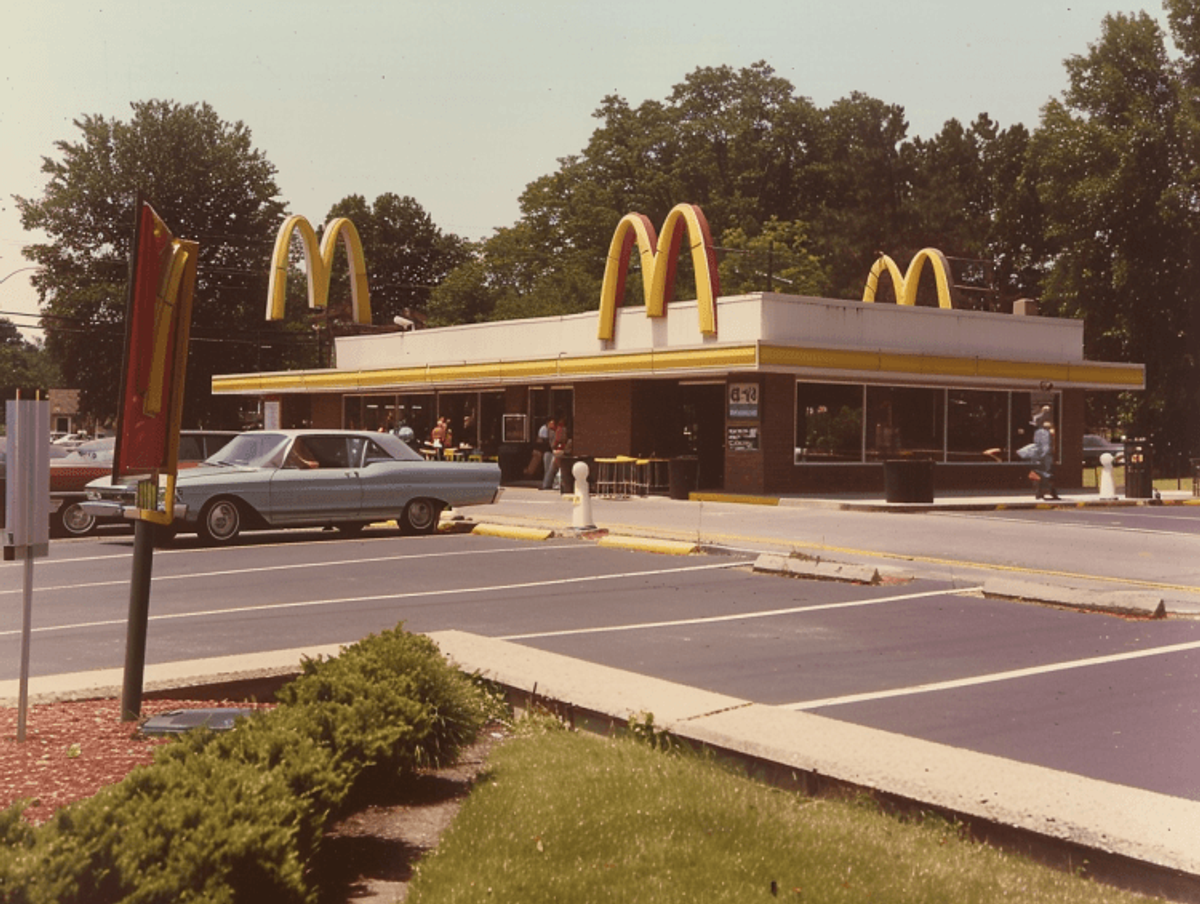 Vintage fast-food restaurant with 1960s car in parking lot.