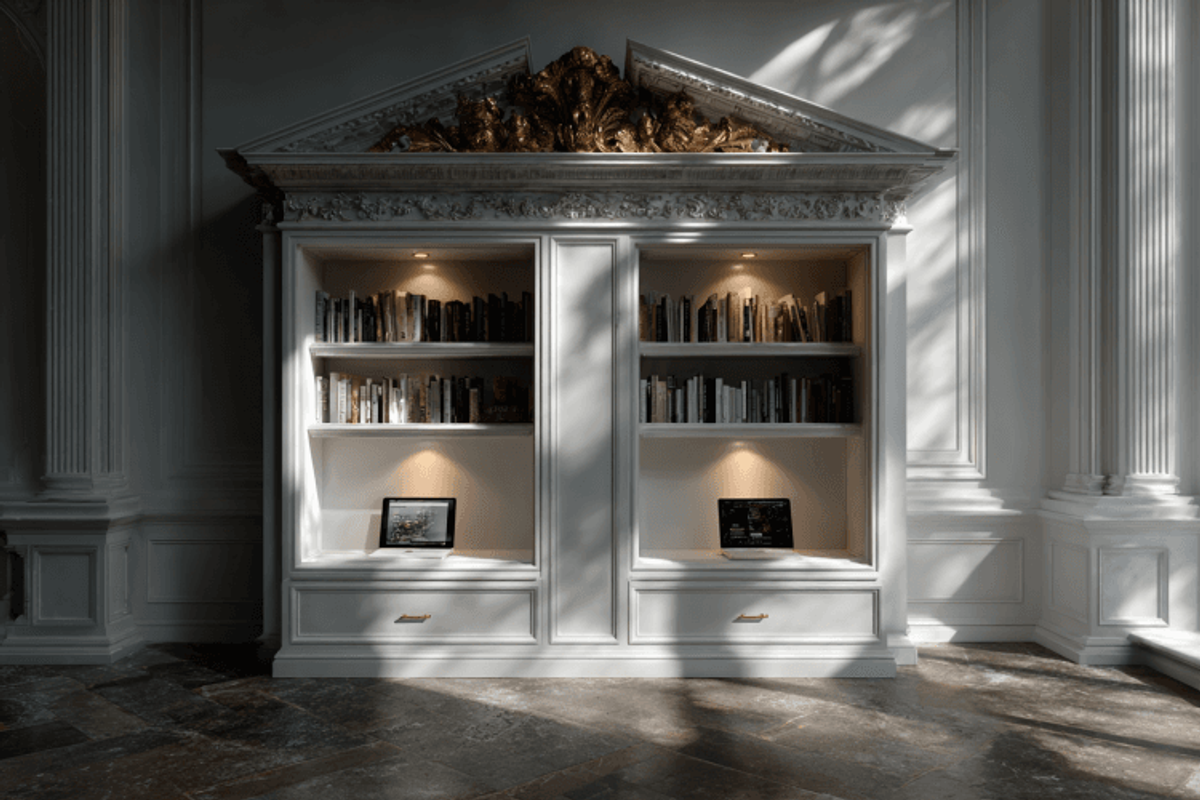 Elegant library shelves with books and glowing lighting.