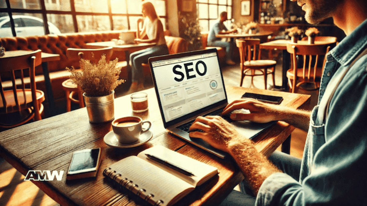 Person working on SEO in a cafe