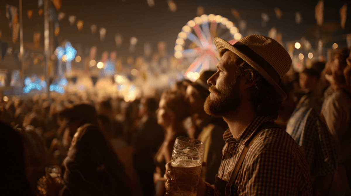 Man holding beer at crowded festival with ferris wheel.