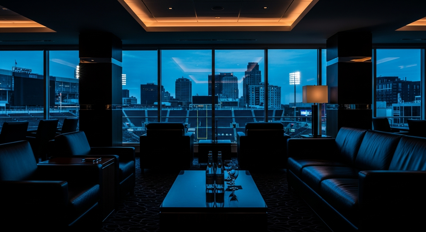 Premium sports stadium suite overlooking field at twilight