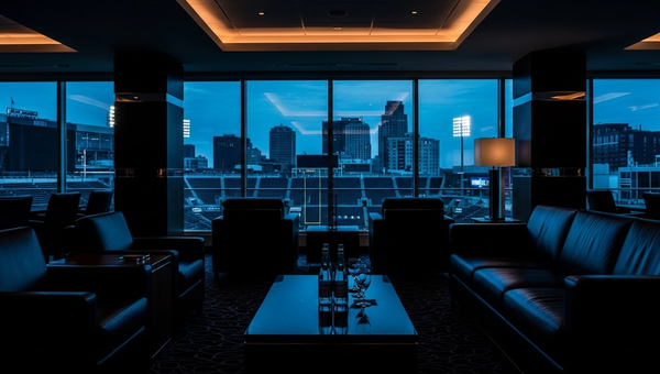 Premium sports stadium suite overlooking field at twilight