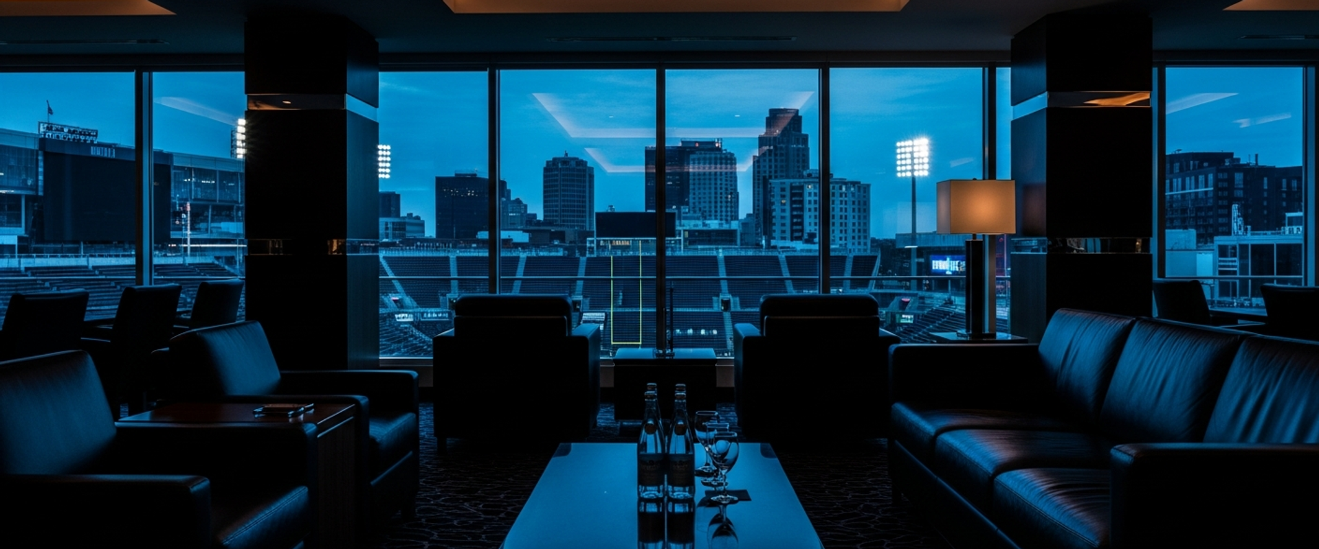Premium sports stadium suite overlooking field at twilight