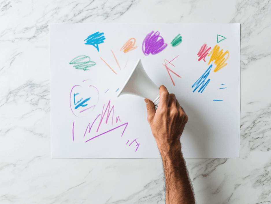 Overhead photograph of a hand holding a small white megaphone on a sheet of paper covered in coloured crayon scribbles, on a marble surface