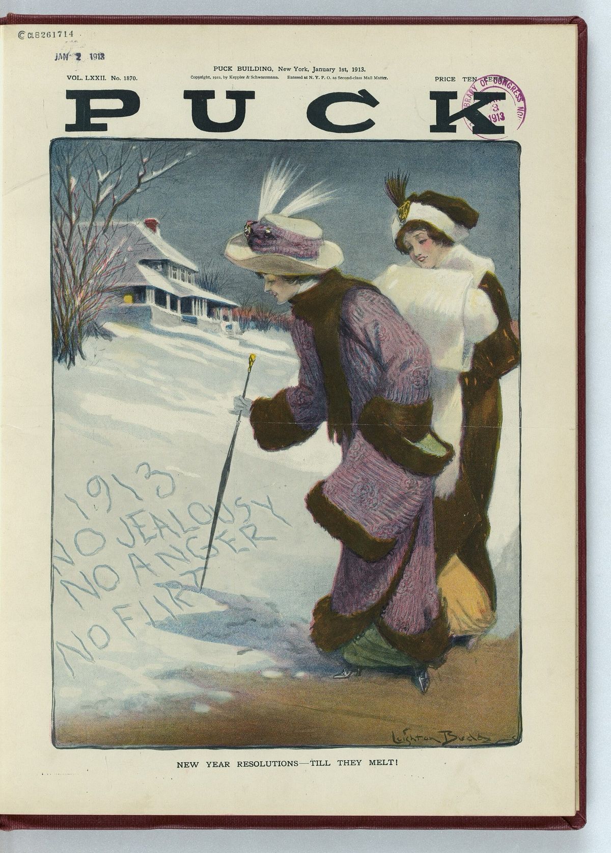 Puck magazine cover showing two women in fur-trimmed winter coats in the snow, one writing "1913 no jealousy no anger no flirt" in the snow with her umbrella