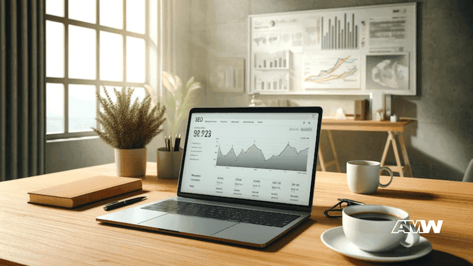 A laptop on a desk showing an analytics chart with a large headline number, in front of framed charts and graphs on the wall