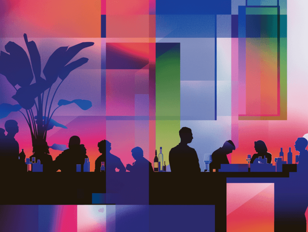 Silhouettes at colorful geometric bar scene