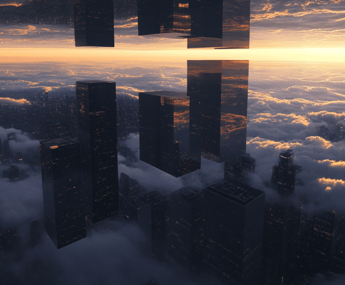 Surreal cityscape with mirrored skyscrapers and clouds