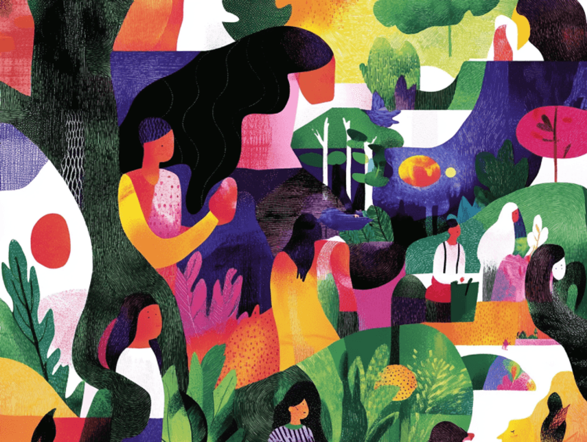 Colorful abstract nature and people illustration.