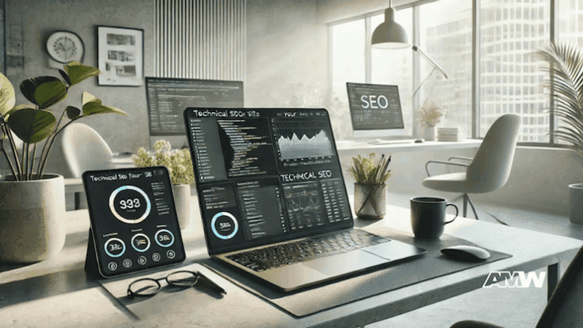 Office desk with SEO data on screens
