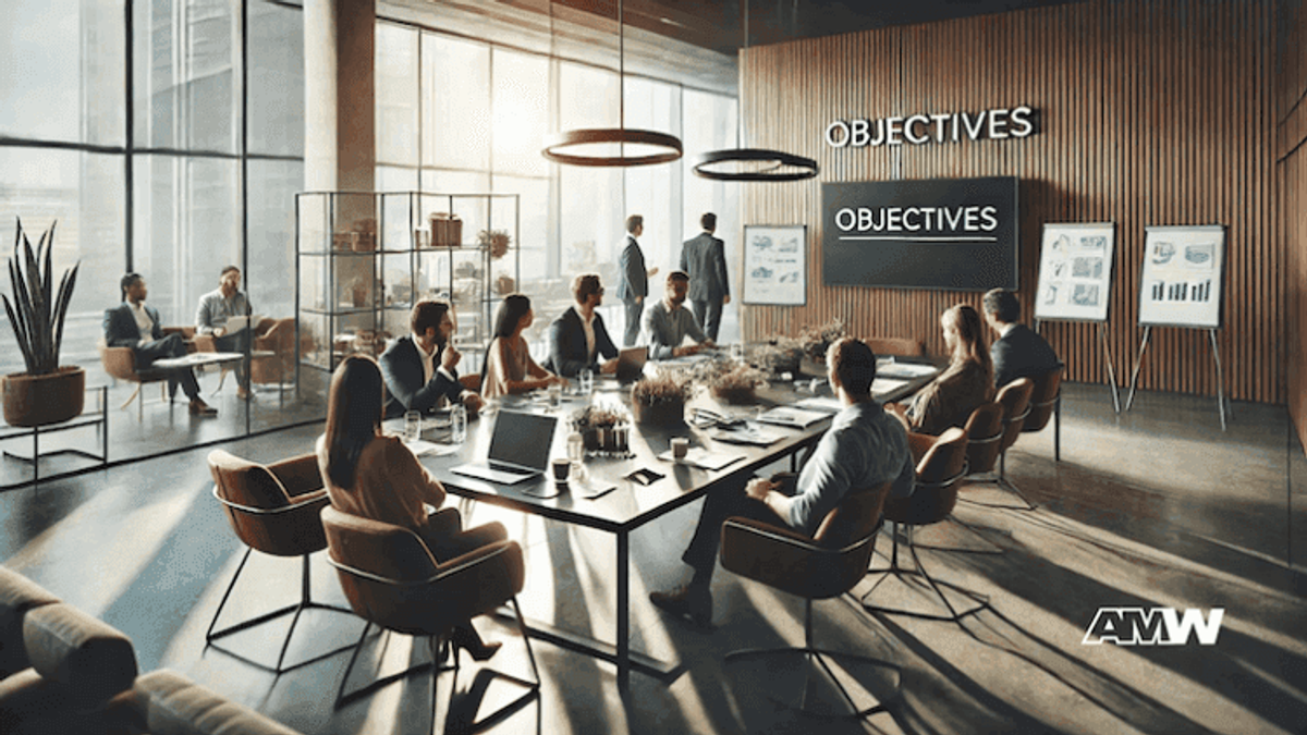Business meeting with presentation and objectives display.