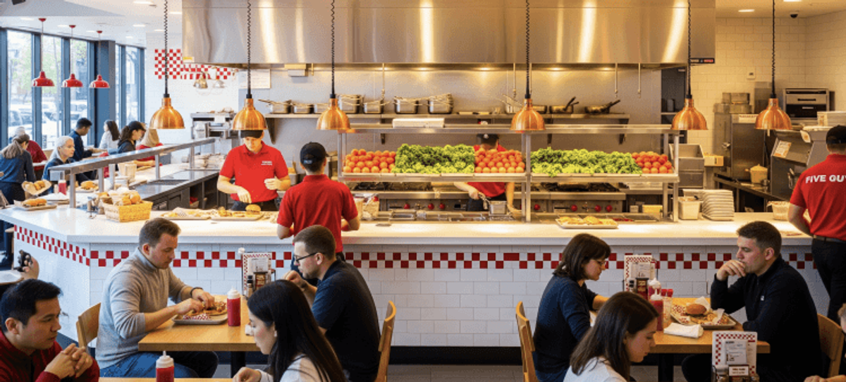 People dining at fast food restaurant counter.