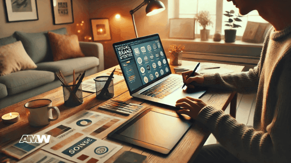 Person designing logos on laptop in cozy home office.