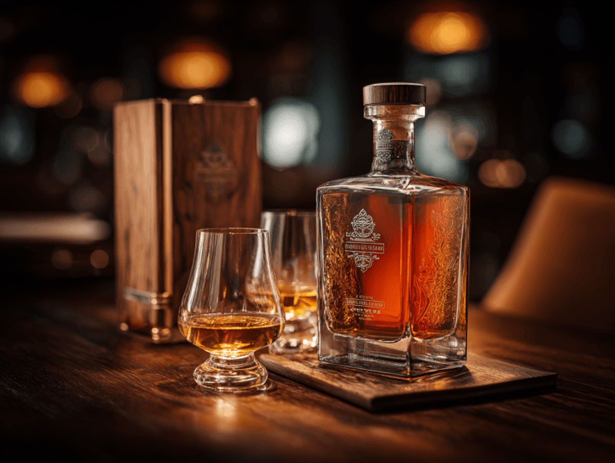 Elegant whiskey bottle with glasses on table
