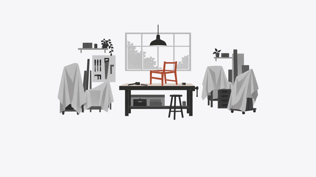 Illustration: Most internal tools stay in the workshop, unfinished side projects left half-built; a project still being built. Most stay half-built and covered.