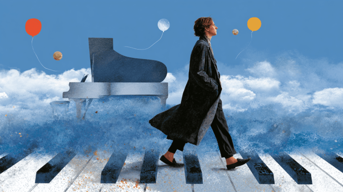 Person walking on cloud piano with balloons