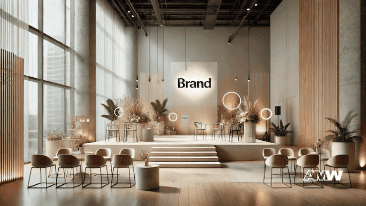 Modern conference room with brand logo.