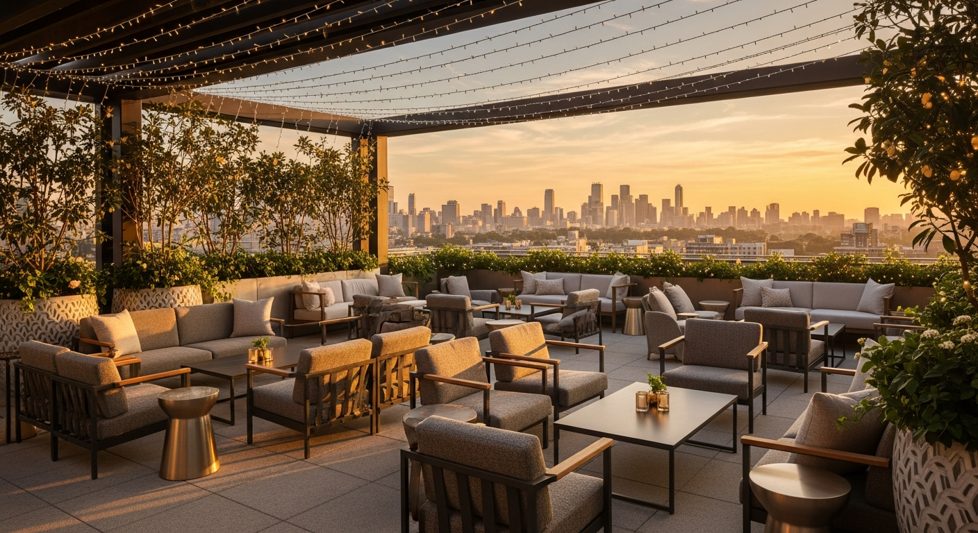 Luxury outdoor event terrace at golden hour