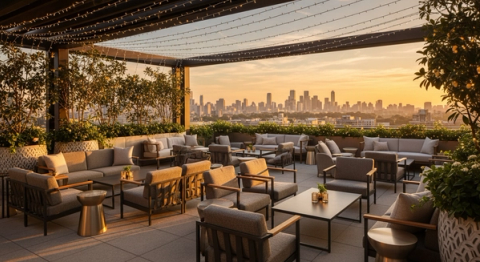 Luxury outdoor event terrace at golden hour