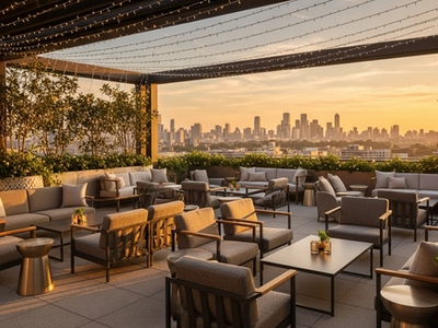Luxury outdoor event terrace at golden hour