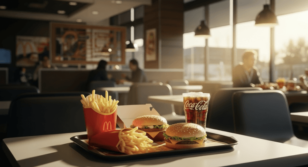Fast food meal with fries, burgers, and soda.