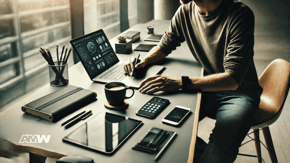 Man working on laptop with gadgets on desk