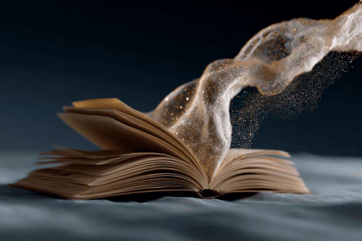 Open book with swirling golden glitter.