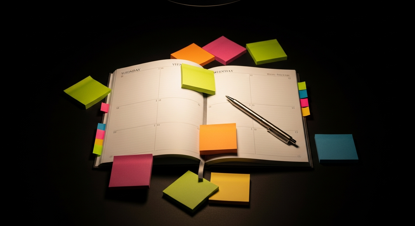 Content planner with colorful sticky notes on a matte black surface under warm light