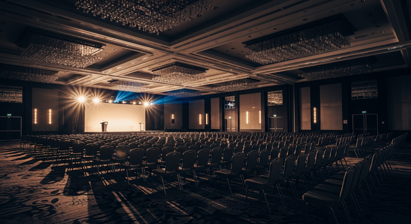 Grand corporate conference ballroom with dramatic stage lighting and premium aesthetic